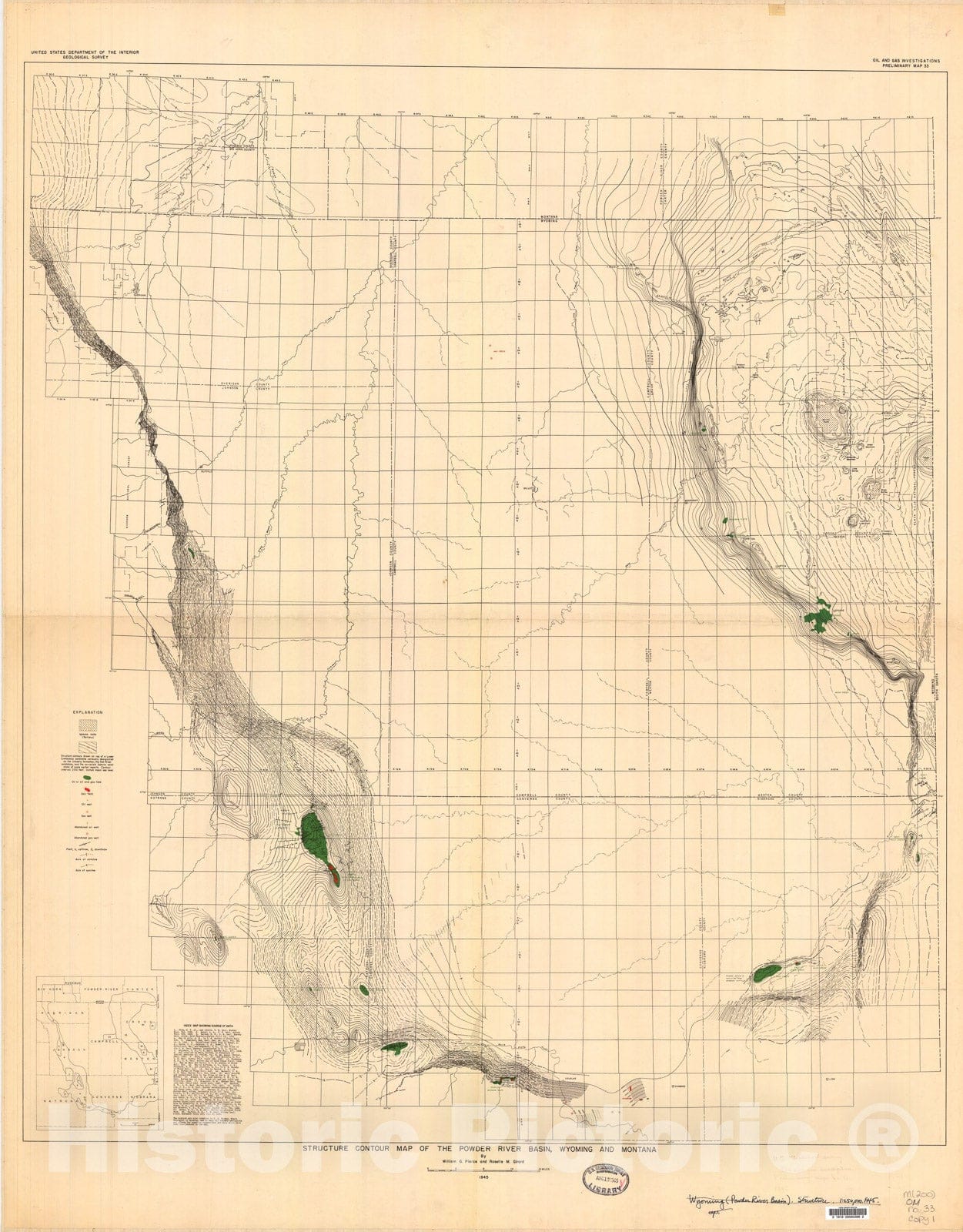 Map : Structure contour map of the Powder River basin, Wyoming and Montana, 1945 Cartography Wall Art :