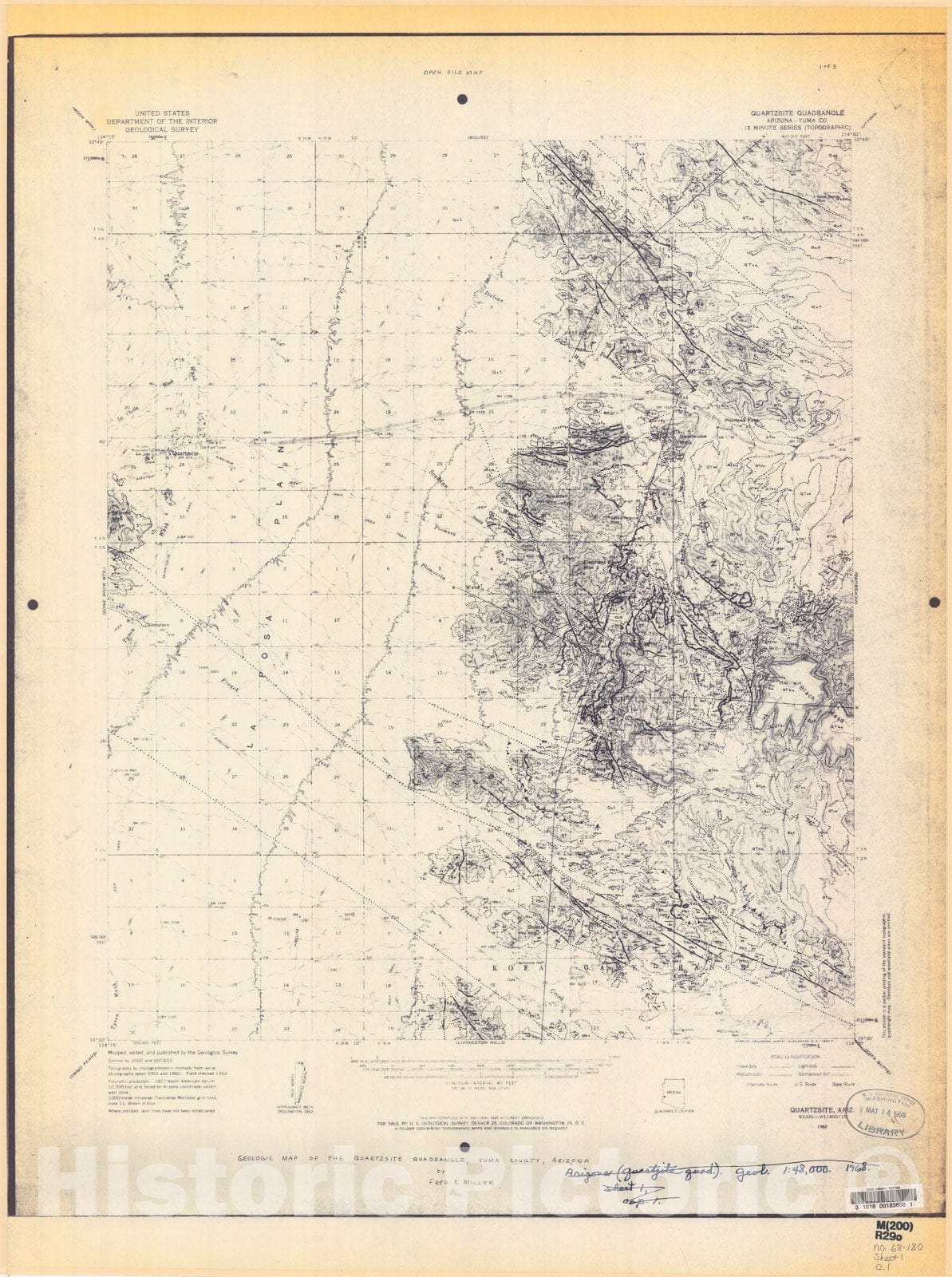 Map : Geologic map of the Quartzsite quadrangle, Yuma County, Arizona, 1968 Cartography Wall Art :