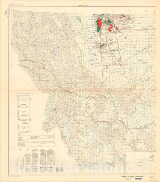 Map : Map of Montana showing oil and gas fields and test wells for oil and gas, 1952 Cartography Wall Art :