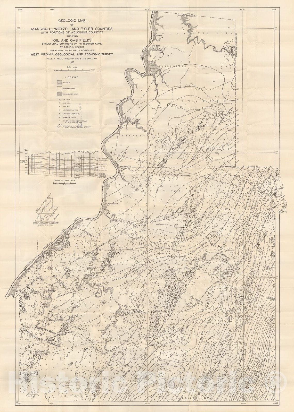 Map : Oil and gas report and map of Marshall, Wetzel, and Tyler Counties, West Virginia, 1955 Cartography Wall Art :