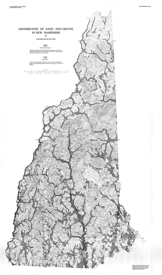 Map : Distribution of sand and gravel in New Hampshire, 1994 Cartography Wall Art :