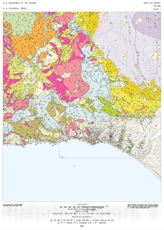Map : Preliminary geologic map of the Topanga quadrangle, southern California, 1994 Cartography Wall Art :