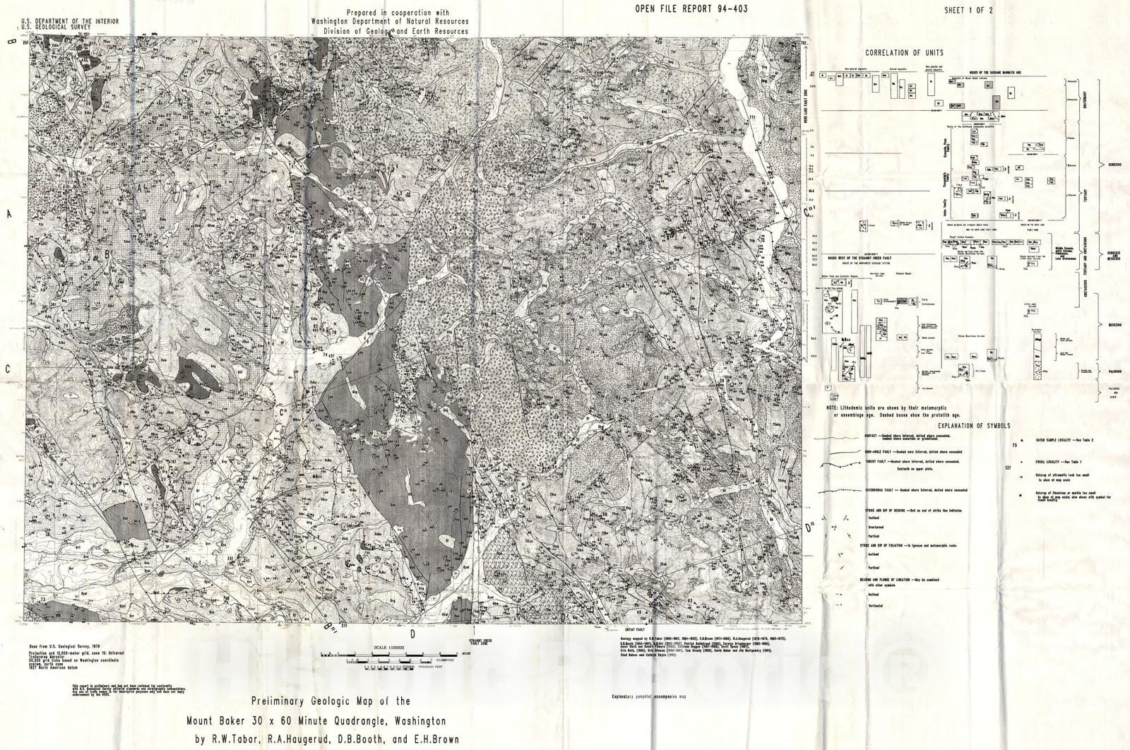 Map : Preliminary geologic map of the Mount Baker 30-by-60-minute quadrangle, Washington, 1994 Cartography Wall Art :