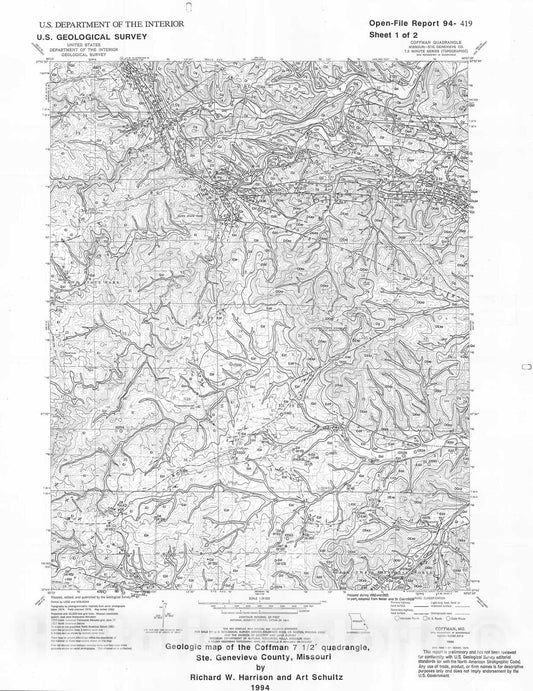Map : Geologic map of the Coffman 7.5 min. quadrangle, Ste. Genevieve County, Missouri, 1994 Cartography Wall Art :