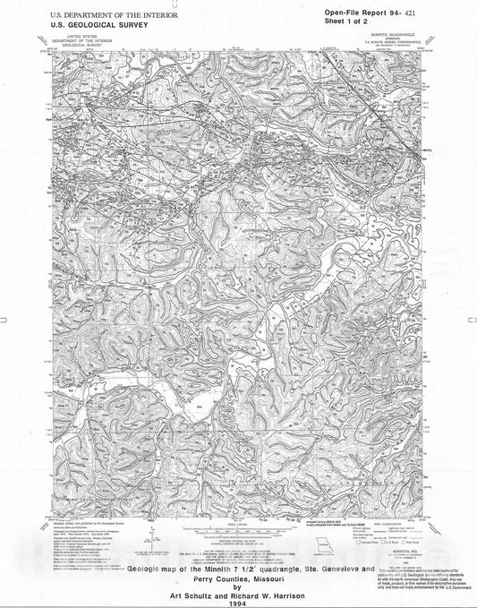 Map : Geologic map of the Minnith 7.5 min. quadrangle, Ste. Genevieve and Perry Counties, Missouri, 1994 Cartography Wall Art :