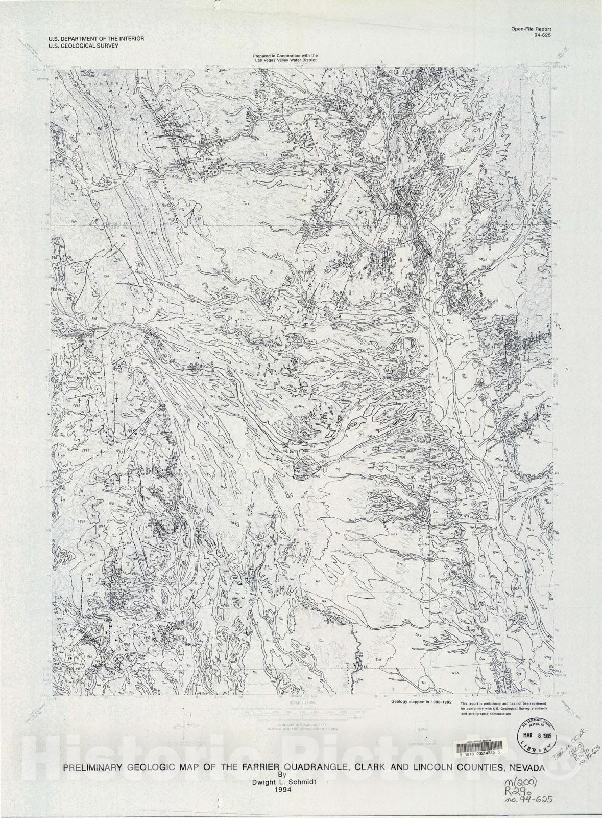 Map : Preliminary geologic map of the Farrier quadrangle, Clark and Lincoln Counties, Nevada, 1994 Cartography Wall Art :