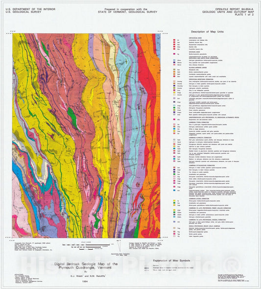 Map : Digital bedrock geologic map of the Plymouth quadrangle, Vermont, 1994 Cartography Wall Art :
