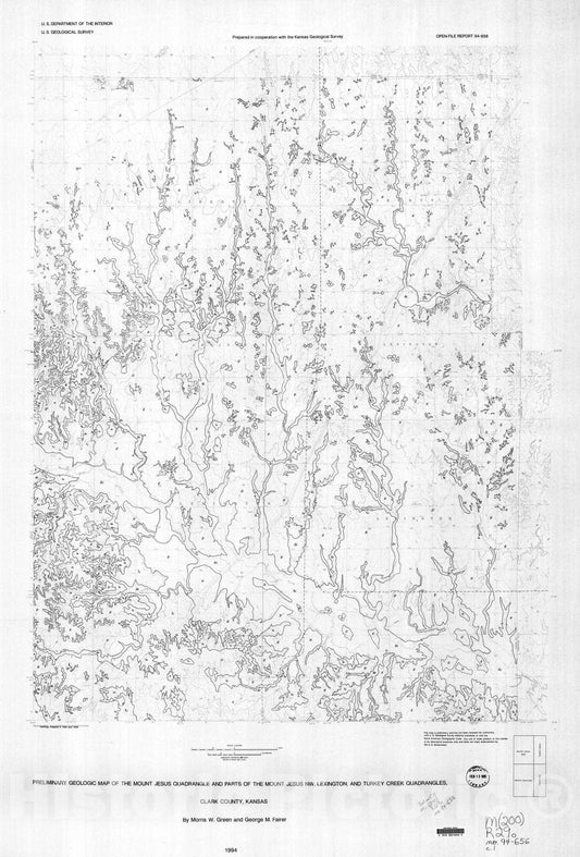 Map : Preliminary geologic map of the Mount Jesus quadrangle and parts of the Mount Jesus NW, Lexington, and Turkey Creek quadrangles, Clark County, Kansas, 1994 Cartography Wall Art :