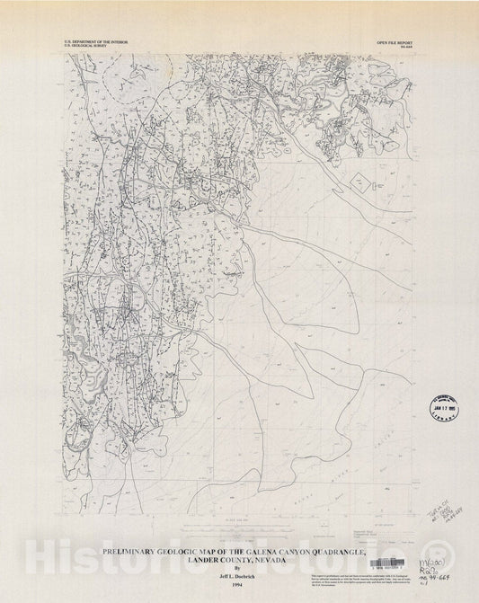 Map : Preliminary geologic map of the Galena Canyon quadrangle, Lander County, Nevada, 1994 Cartography Wall Art :