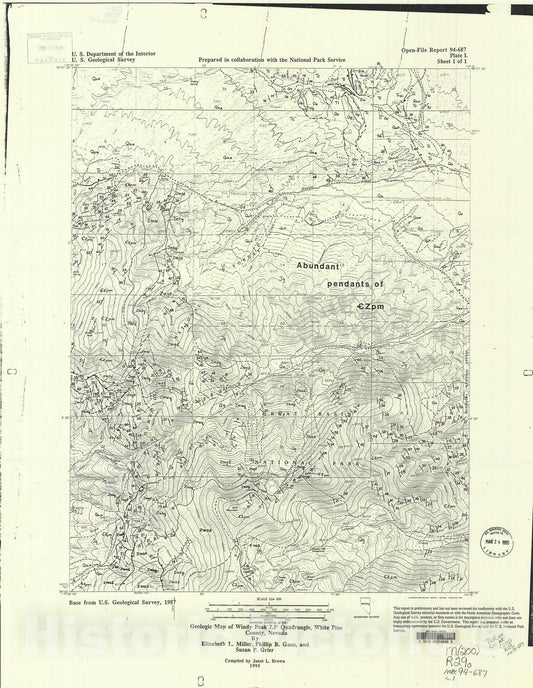 Map : Geologic map of Windy Peak 7.5' quadrangle, White Pine County, Nevada, 1994 Cartography Wall Art :