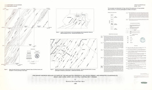 Map : Preliminary bedrock geology of parts of the Burlington, Headsville, Old Fields, Romney and Springfield quadrangles, Grant, Hampshi, 1993 Cartography Wall Art :