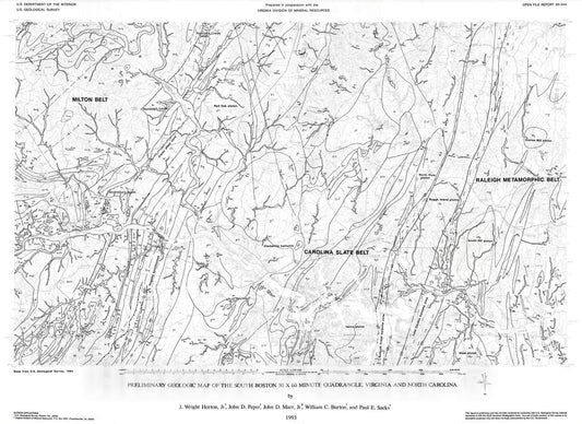 Map : Preliminary geologic map of the South Boston thirty x sixty minute quadrangle, Virginia and North Carolina, 1993 Cartography Wall Art :