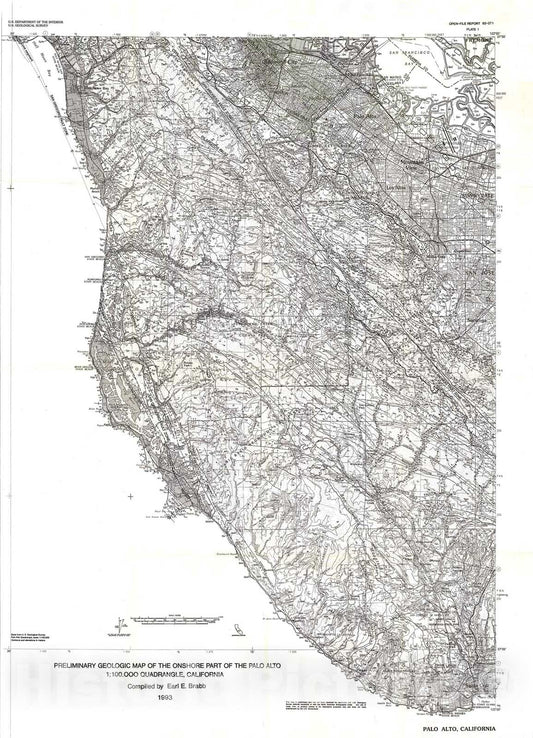 Map : Preliminary geologic map of the onshore part of the Palo Alto 1:100,000 quadrangle, California, 1993 Cartography Wall Art :