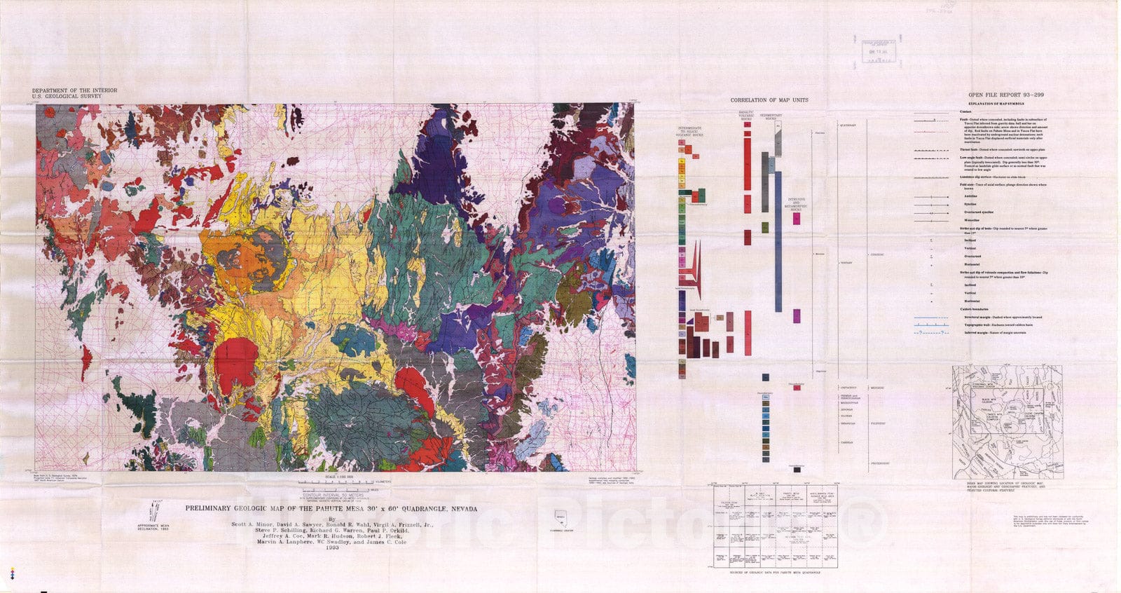 Map : Preliminary geologic map of the Pahute Mesa 30' x 60' quadrangle, Nevada, 1993 Cartography Wall Art :