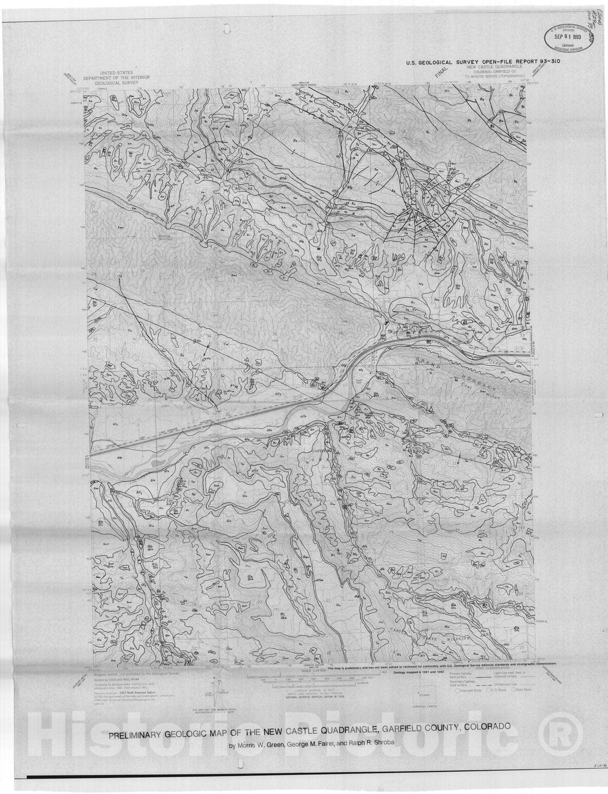 Map : Geologic map of the New Castle quadrangle, Garfield County, Colorado, 1993 Cartography Wall Art :