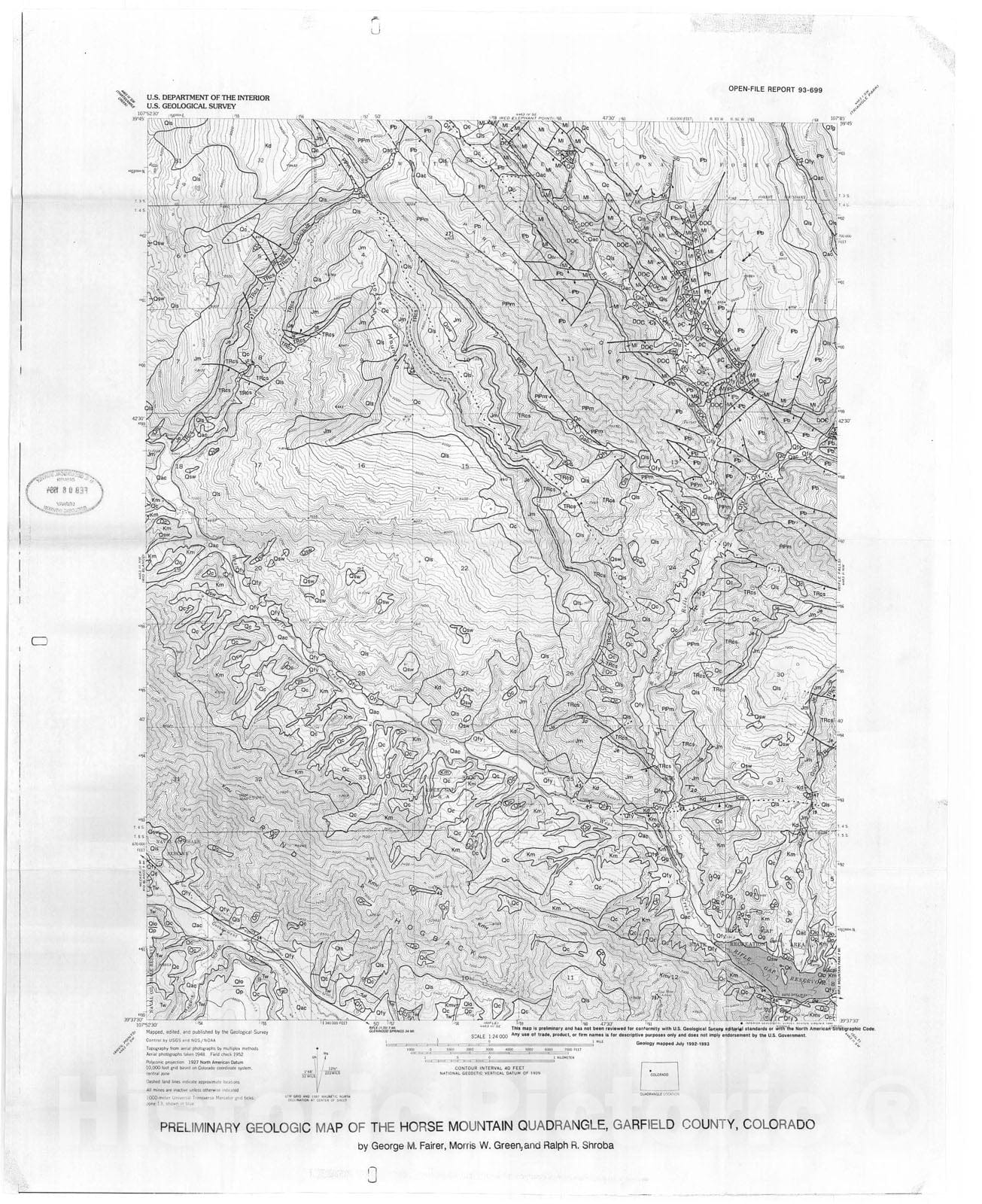 Map : Preliminary geologic map of the Horse Mountain quadrangle, Garfield County, Colorado, 1993 Cartography Wall Art :