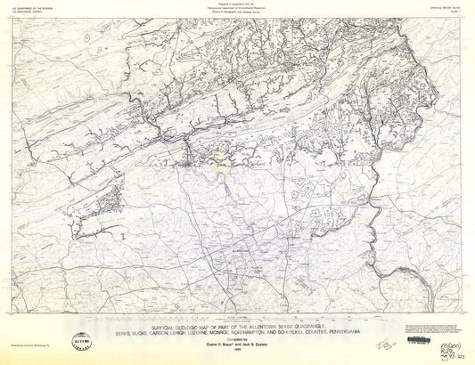 Map : Surficial geologic map of part of the Allentown 30' x 60' quadrangle, Berks, Bucks, Carbon, Lehigh, Luzerne, Monroe, Northampton,, 1994 Cartography Wall Art :