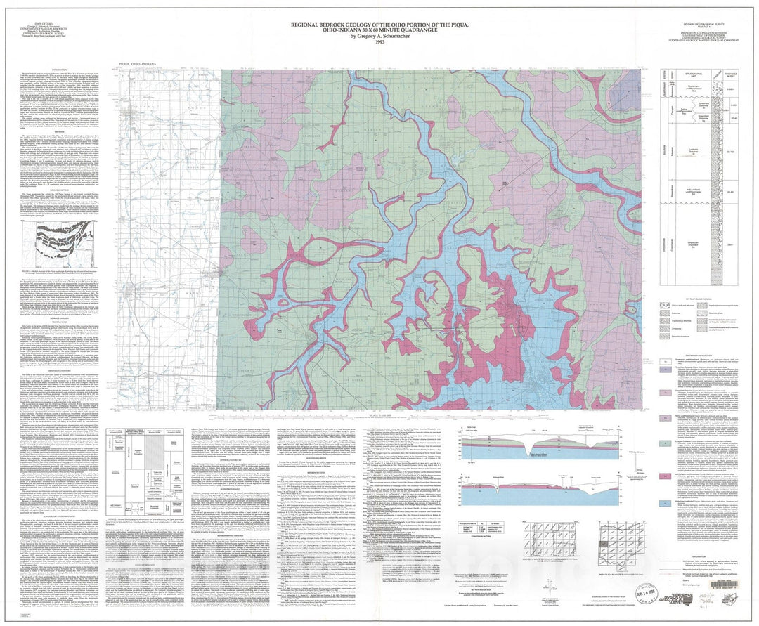 Map : Regional bedrock geology of the Ohio portion of the Piqua, Ohio-Indiana thirty x sixty minute quadrangle, 1993 Cartography Wall Art :