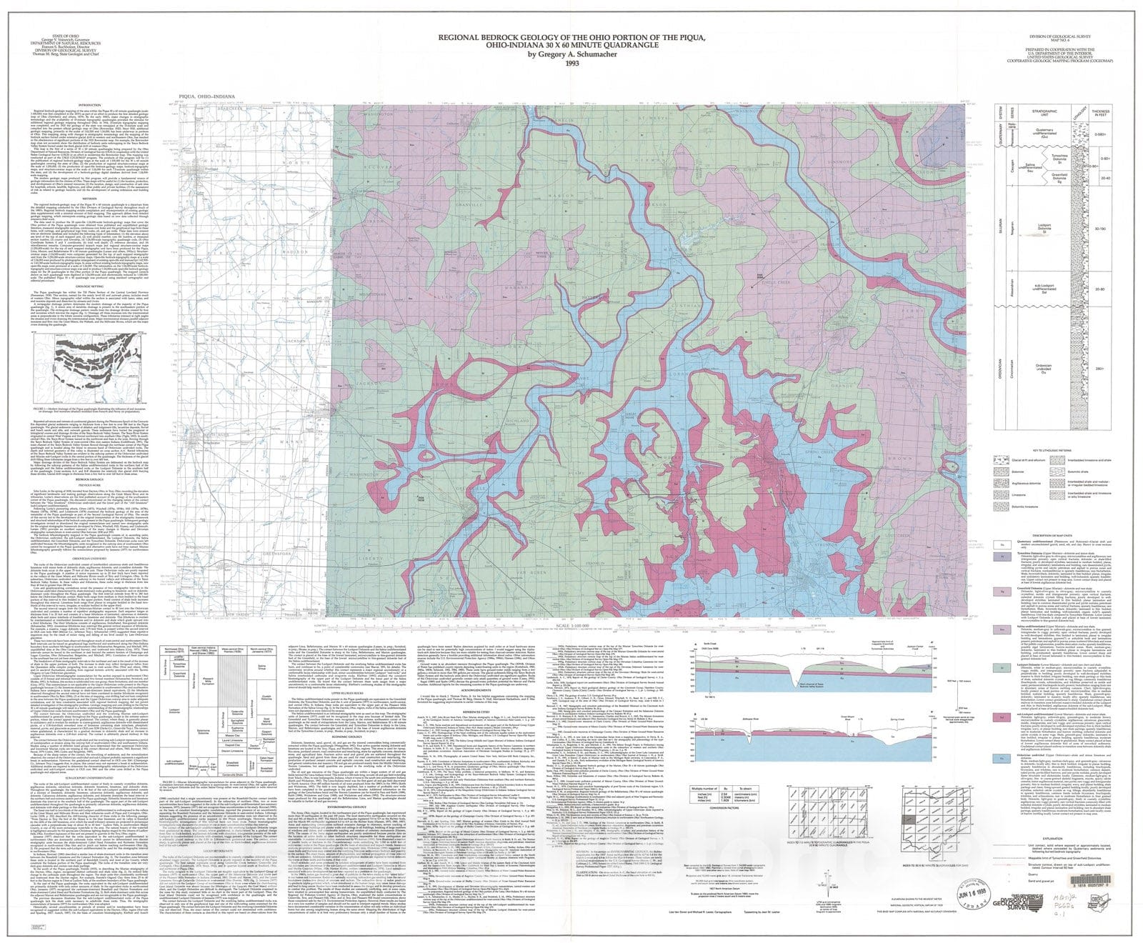 Map : Regional bedrock geology of the Ohio portion of the Piqua, Ohio-Indiana thirty x sixty minute quadrangle, 1993 Cartography Wall Art :