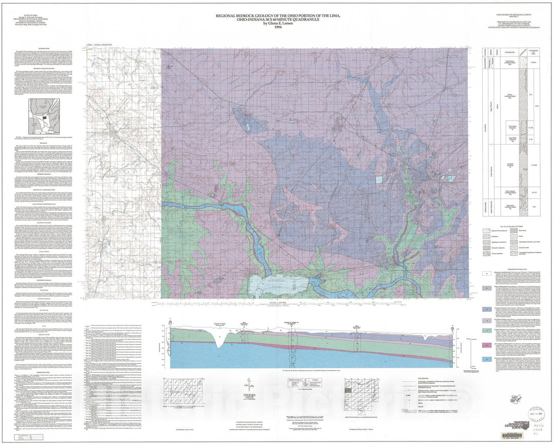 Map : Regional bedrock geology of the Ohio portion of the Lima, Ohio-Indiana thirty x sixty minute quadrangle, 1994 Cartography Wall Art :