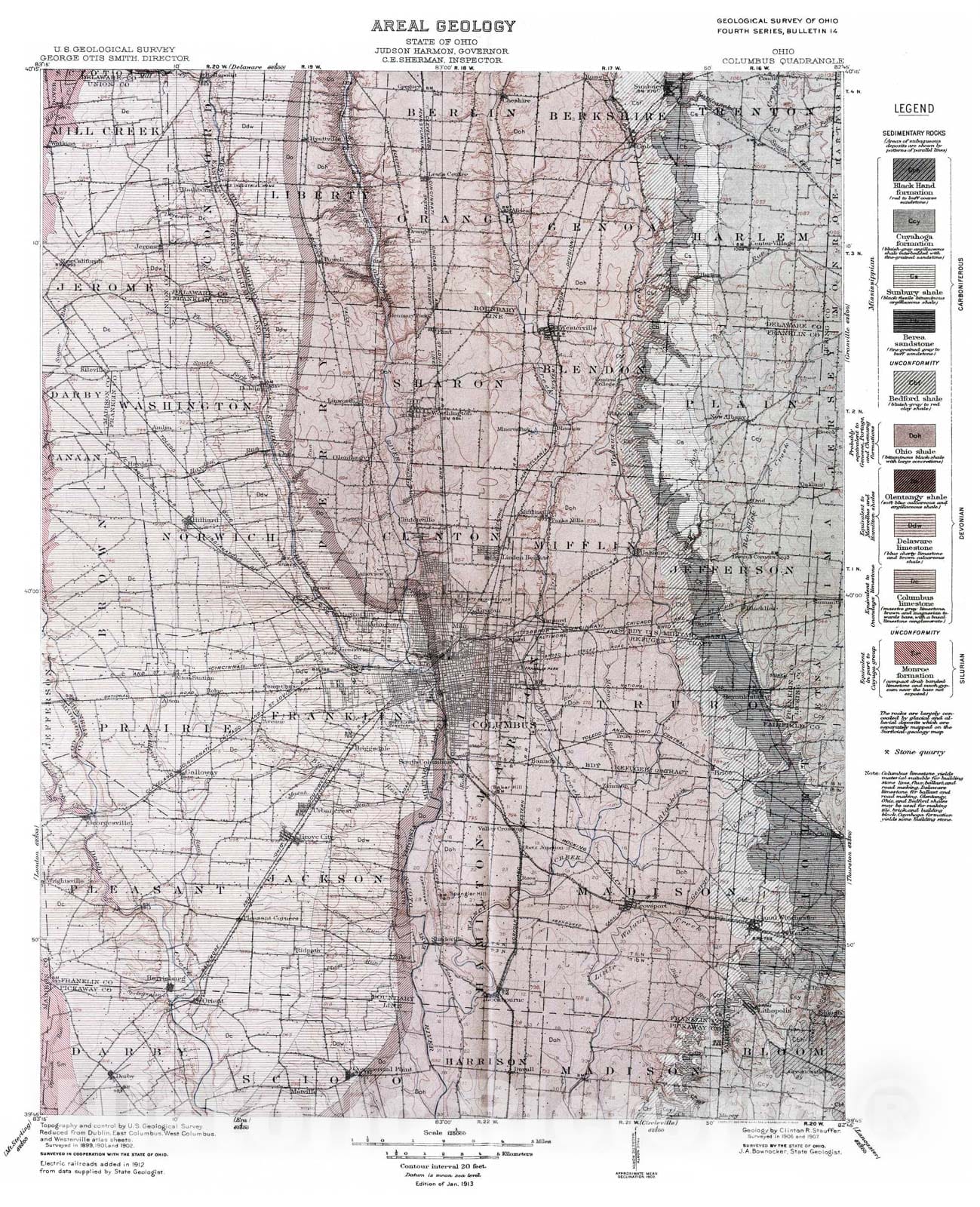 Map : Geology of the Columbus quadrangle, 1911 Cartography Wall Art :