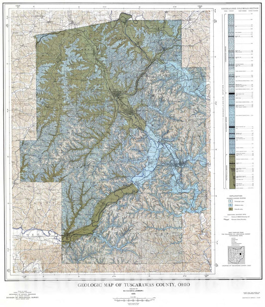 Map : Geology of Tuscarawas County, 1956 Cartography Wall Art :