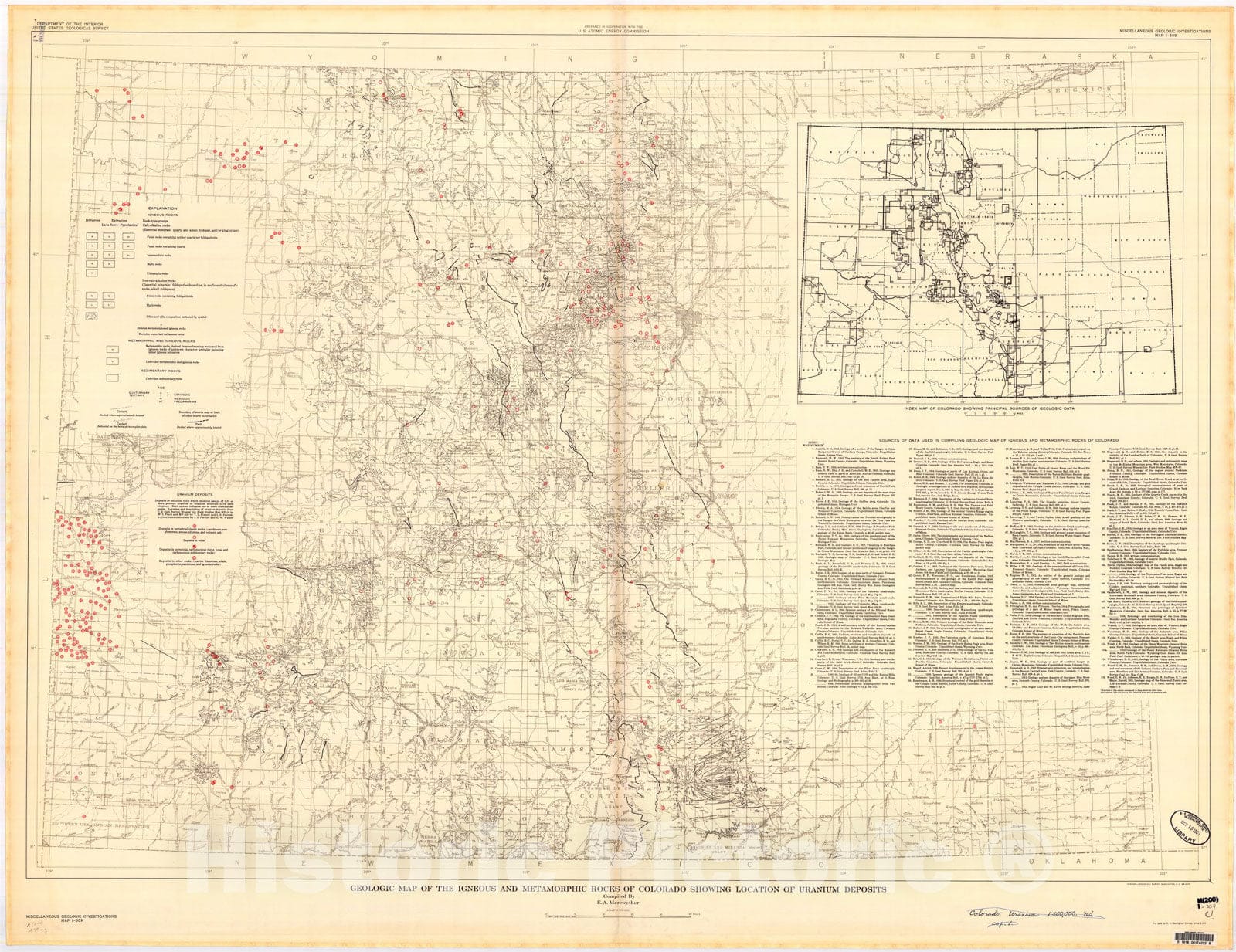Map : Geologic map of the igneous and metamorphic rocks of Colorado showing location of uranium deposits, 1960 Cartography Wall Art :