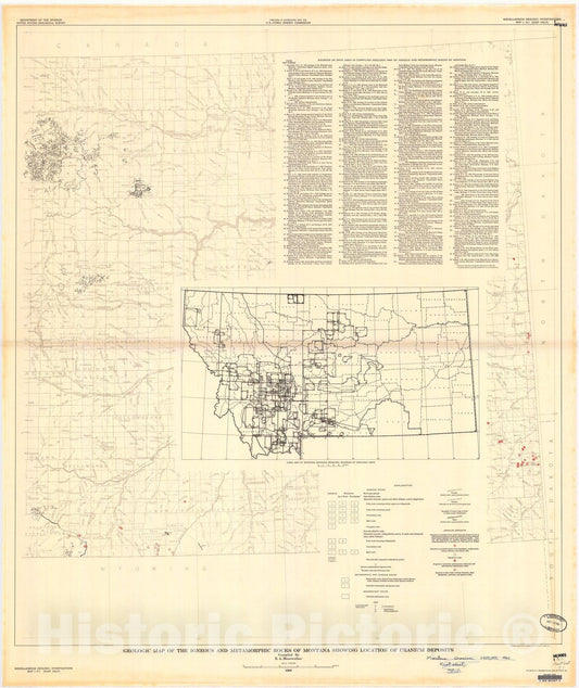 Map : Geologic map of the igneous and metamorphic rocks of Montana showing location of uranium deposits, 1960 Cartography Wall Art :