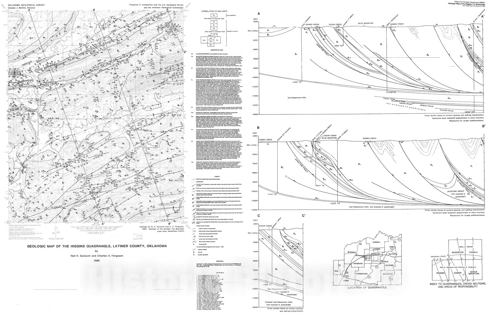 Map : Geologic map of the Higgins quadrangle, Latimer County, Oklahoma, 1989 Cartography Wall Art :