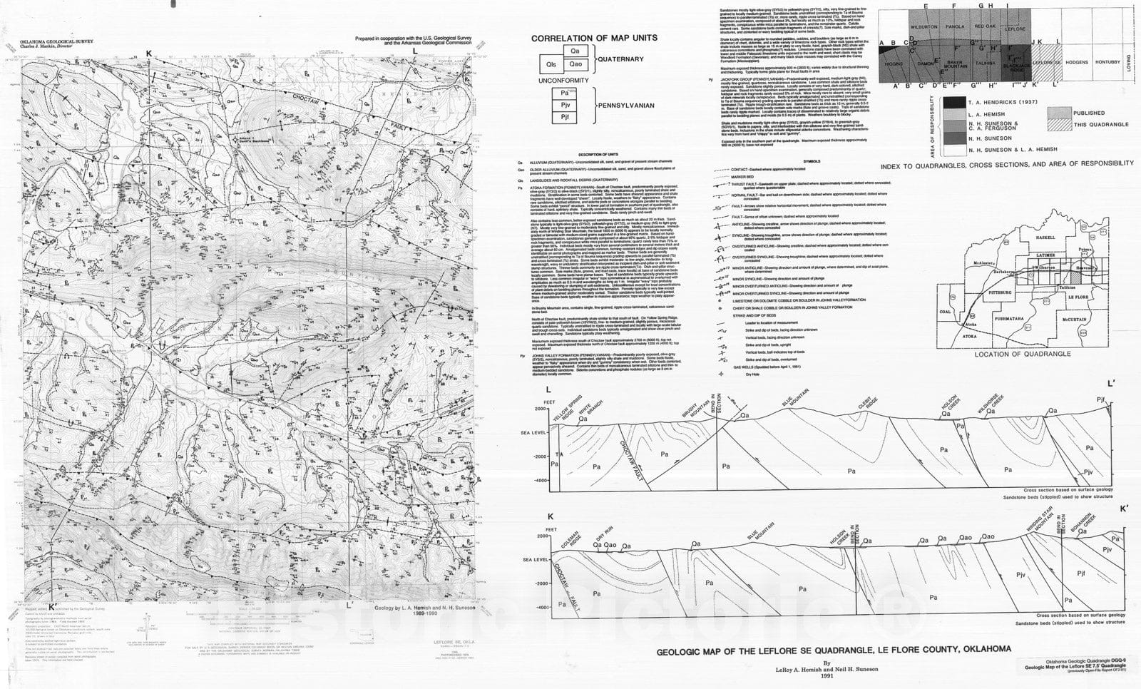 Map : Geologic map of the Le Flore SE quadrangle, Le Flore County, Oklahoma, 1991 Cartography Wall Art :