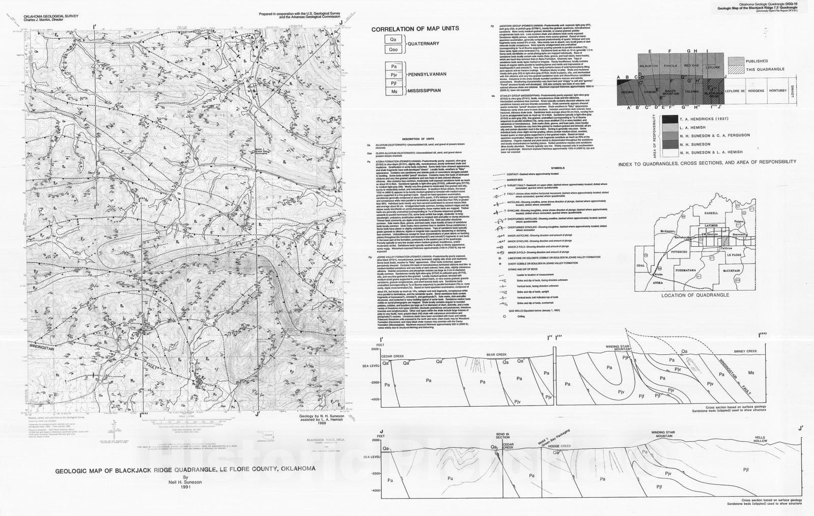 Map : Geologic map of Blackjack Ridge quadrangle, Le Flore County, Oklahoma, 1991 Cartography Wall Art :