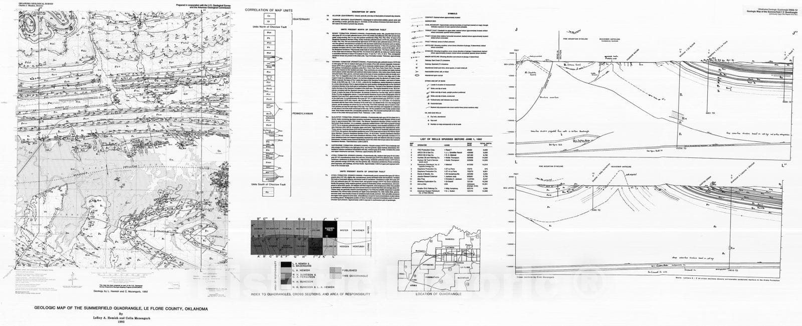Map : Geologic map of the Summerfield quadrangle, Le Flore County, Oklahoma, 1992 Cartography Wall Art :