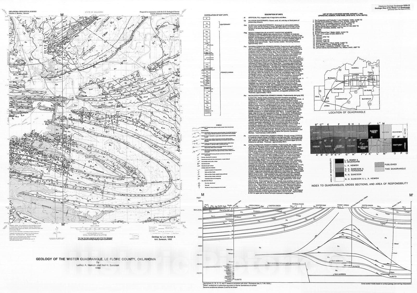 Map : Geology of the Wister quadrangle, Le Flore County, Oklahoma, 1993 Cartography Wall Art :