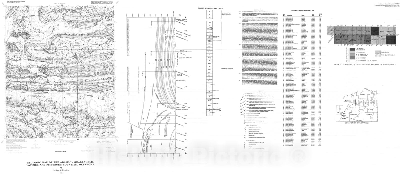 Map : Geologic map of the Adamson quadrangle, Latimer and Pittsburg Counties, Oklahoma, 1995 Cartography Wall Art :