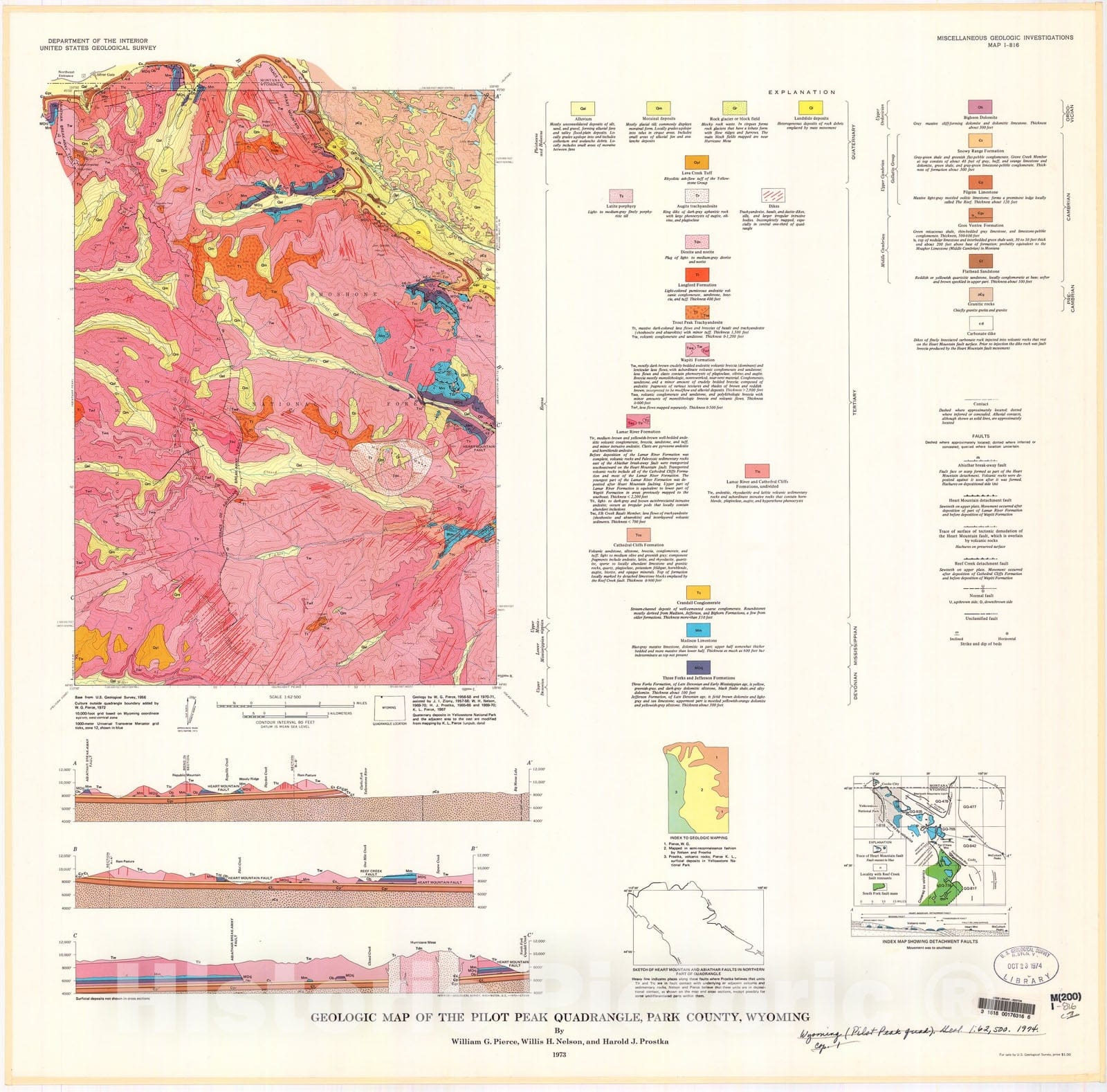 Map : Geologic map of the Pilot Peak quadrangle, Park County, Wyoming, 1973 Cartography Wall Art :