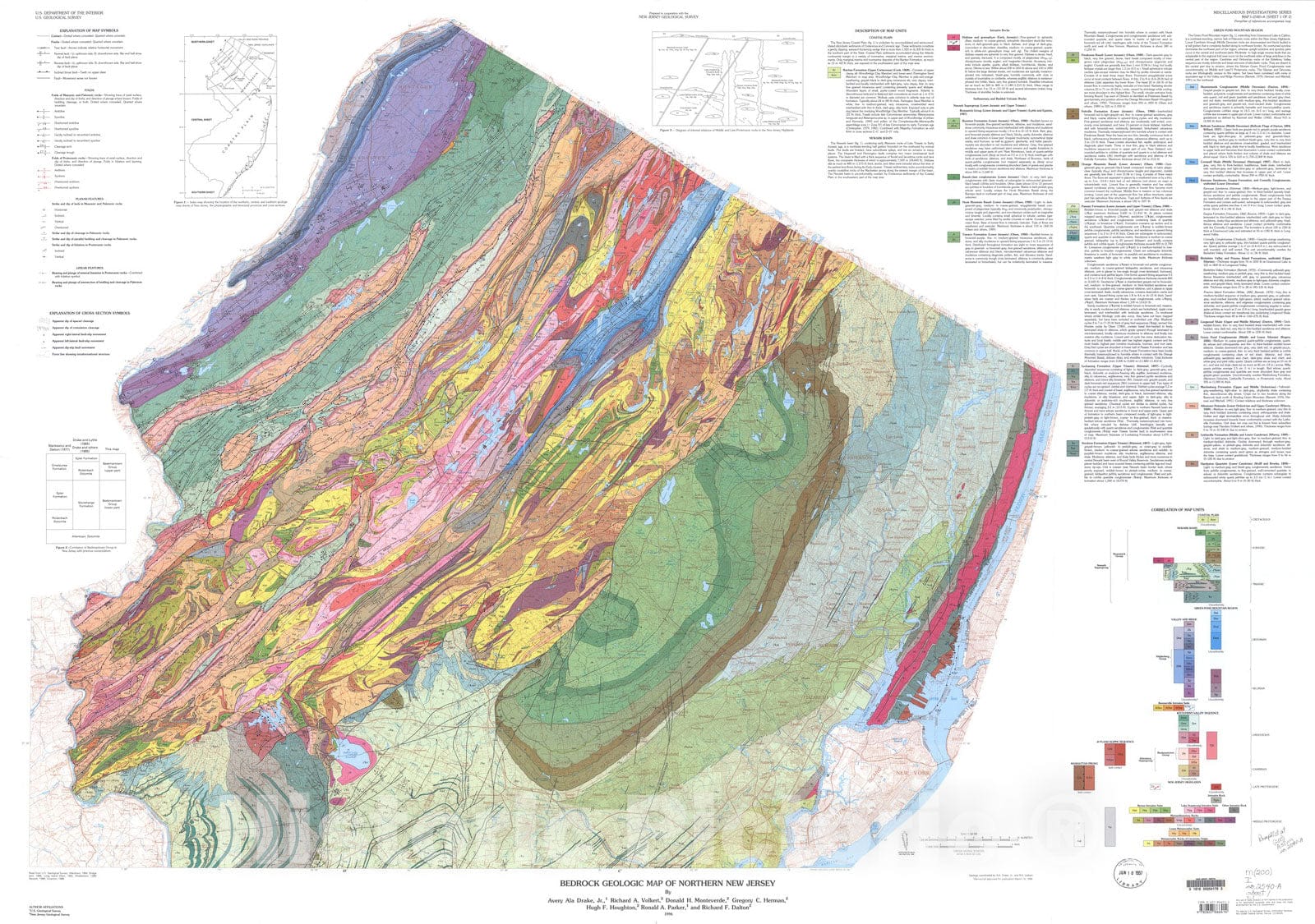 Map : Bedrock geologic map of northern New Jersey, 1996 Cartography Wall Art :