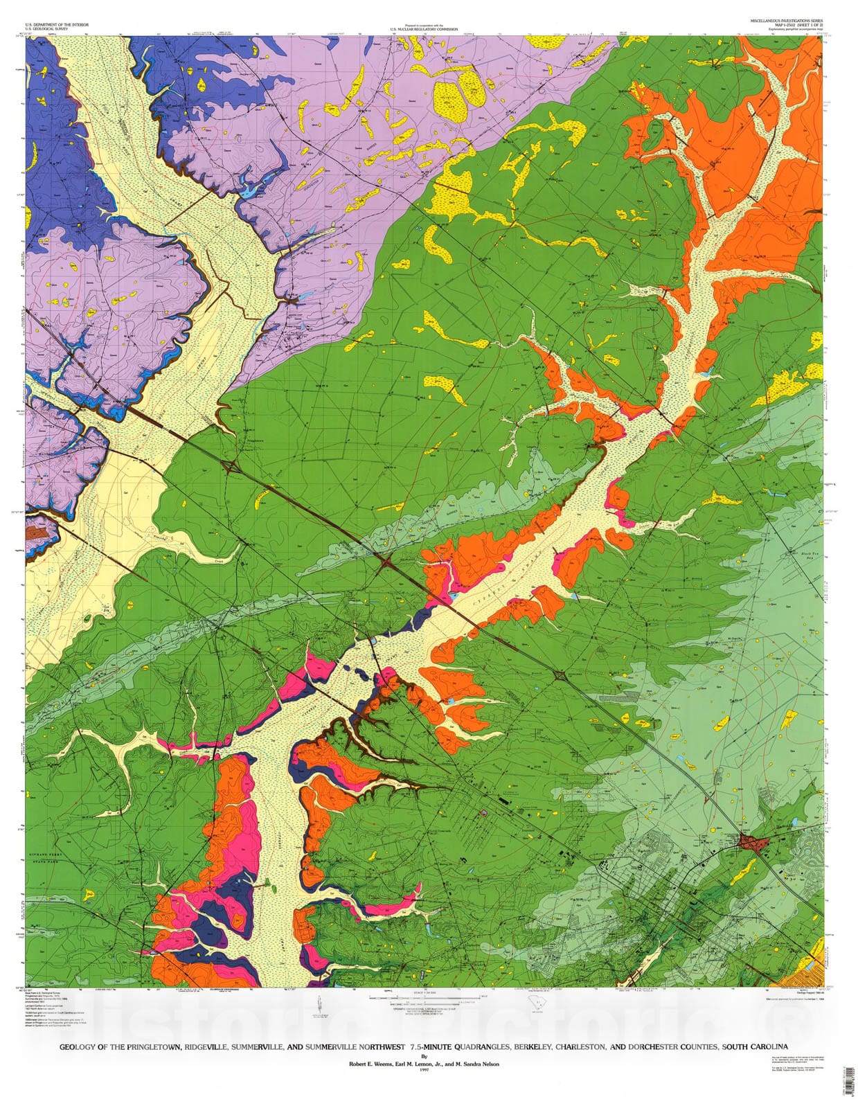 Map : Geology of the Pringletown, Ridgeville, Summerville, and Summerville Northwest 7.5-minute quadrangles, Berkeley, Charleston,, 1997 Cartography Wall Art :