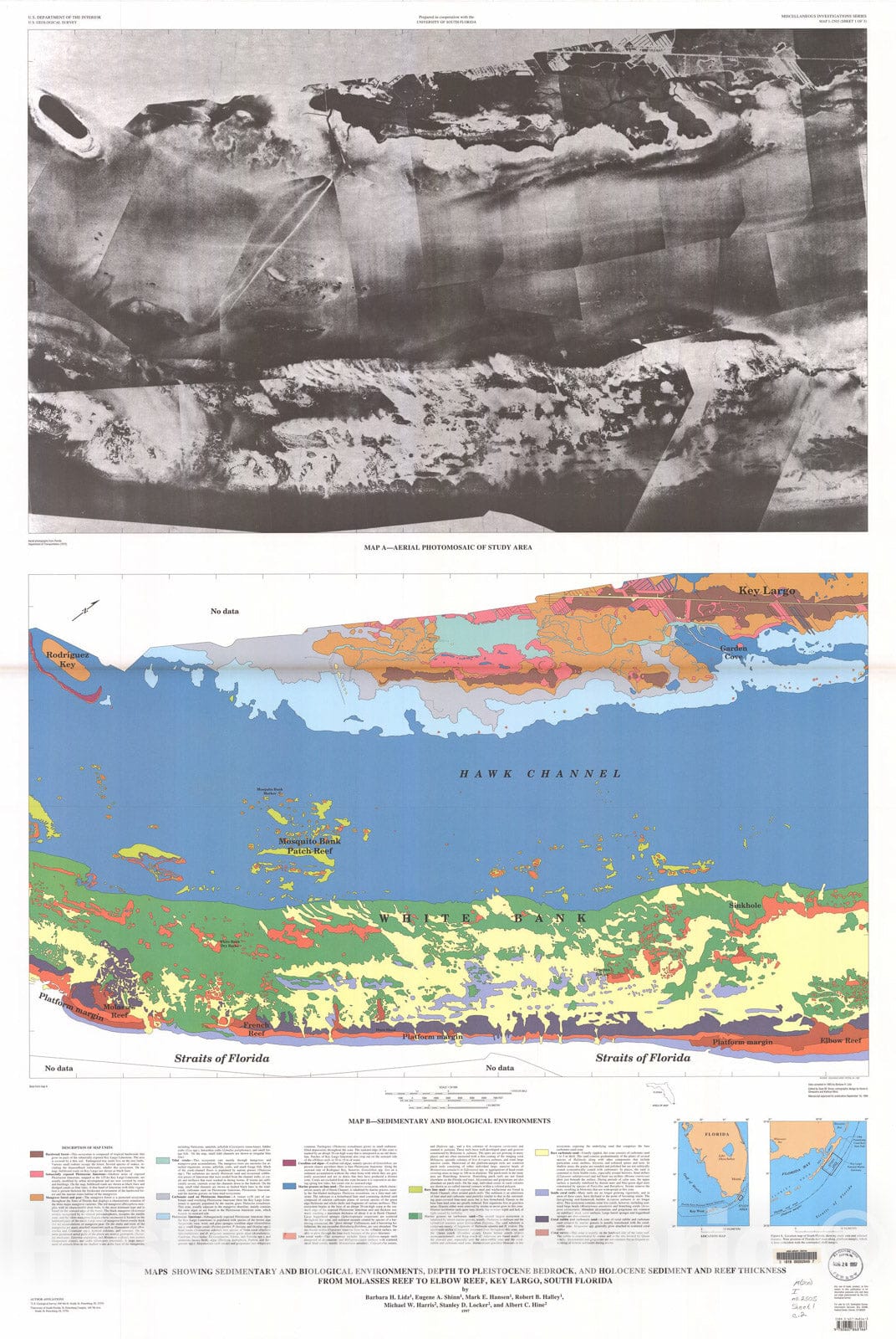 Map : Maps showing sedimentary and biological environments, depth to Pleistocene bedrock, and Holocene sediment and reef thickness from, 1997 Cartography Wall Art :
