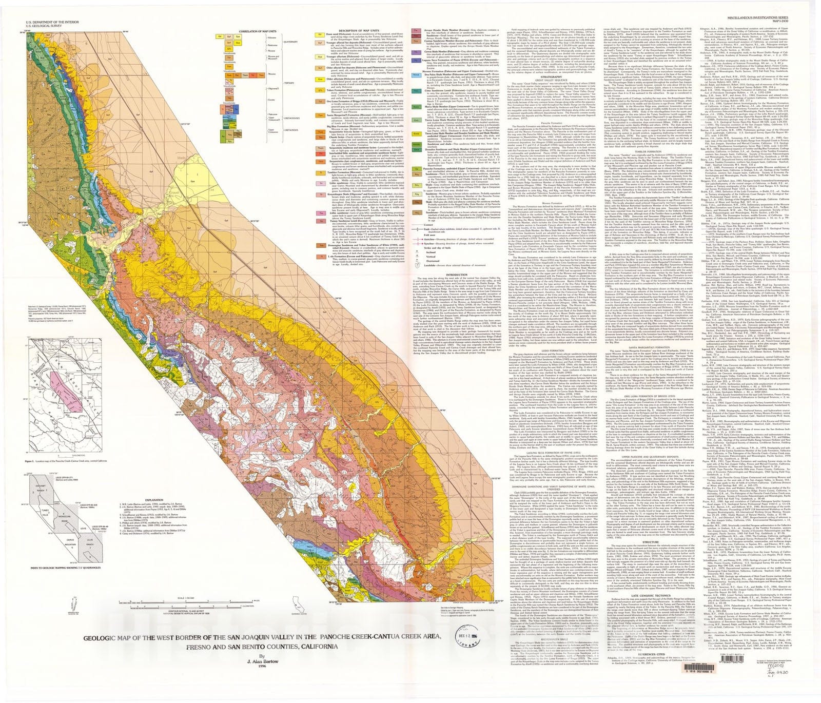 Map : Geologic map of the west border of the San Joaquin Valley in the Panoche Creek - Cantua Creek area, Fresno and San Benito Counties, California, 1996 Cartography Wall Art :