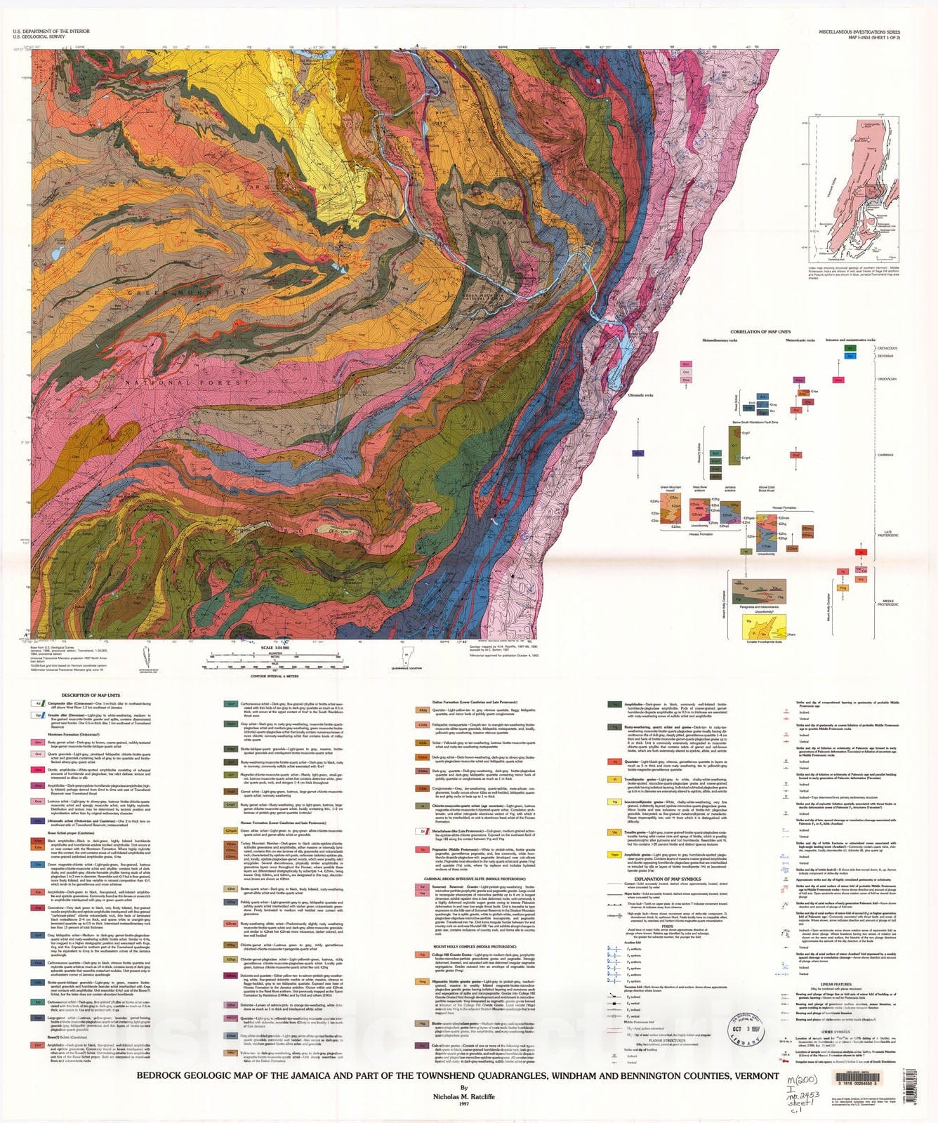 Map : Bedrock geologic map of the Jamaica and part of the Townshend quadrangles, Windham and Bennington Counties, Vermont, 1997 Cartography Wall Art :