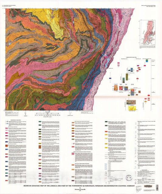 Map : Bedrock geologic map of the Jamaica and part of the Townshend quadrangles, Windham and Bennington Counties, Vermont, 1997 Cartography Wall Art :