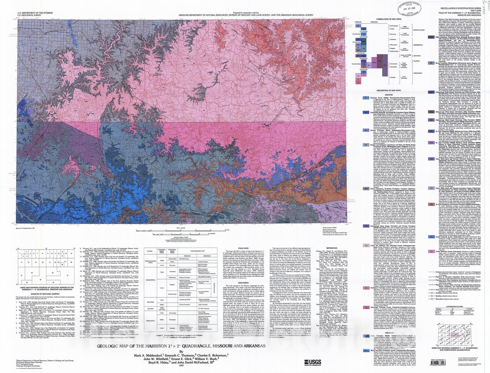 Map : Geologic map of the Harrison one degree X two degree quadrangle, Missouri and Arkansas, one997 Cartography Wall Art :