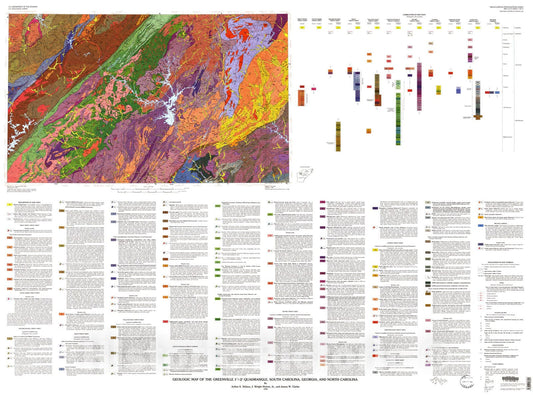Map : Geologic map of the Greenville one degree x two degrees quadrangle, South Carolina, Georgia, and North Carolina, one998 Cartography Wall Art :