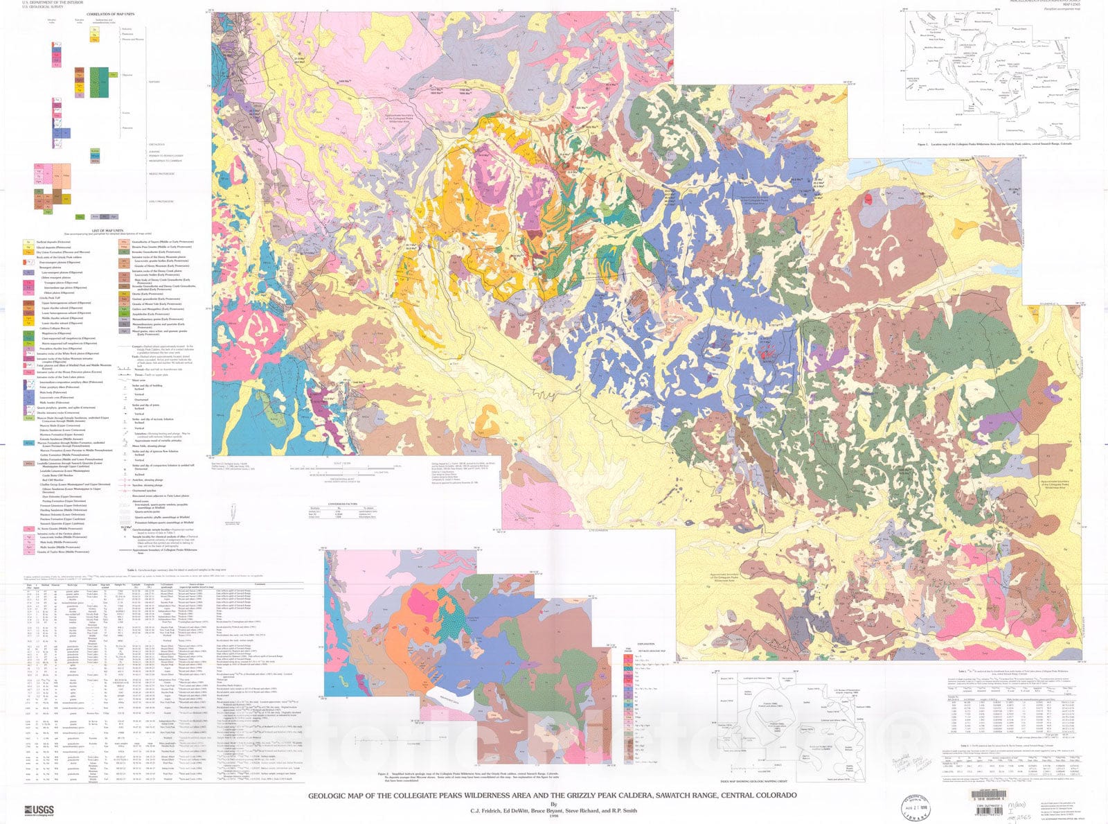 Map : Geologic map of the Collegiate Peaks Wilderness area and the Grizzly Peak caldera, Sawatch Range, central Colorado, 1998 Cartography Wall Art :
