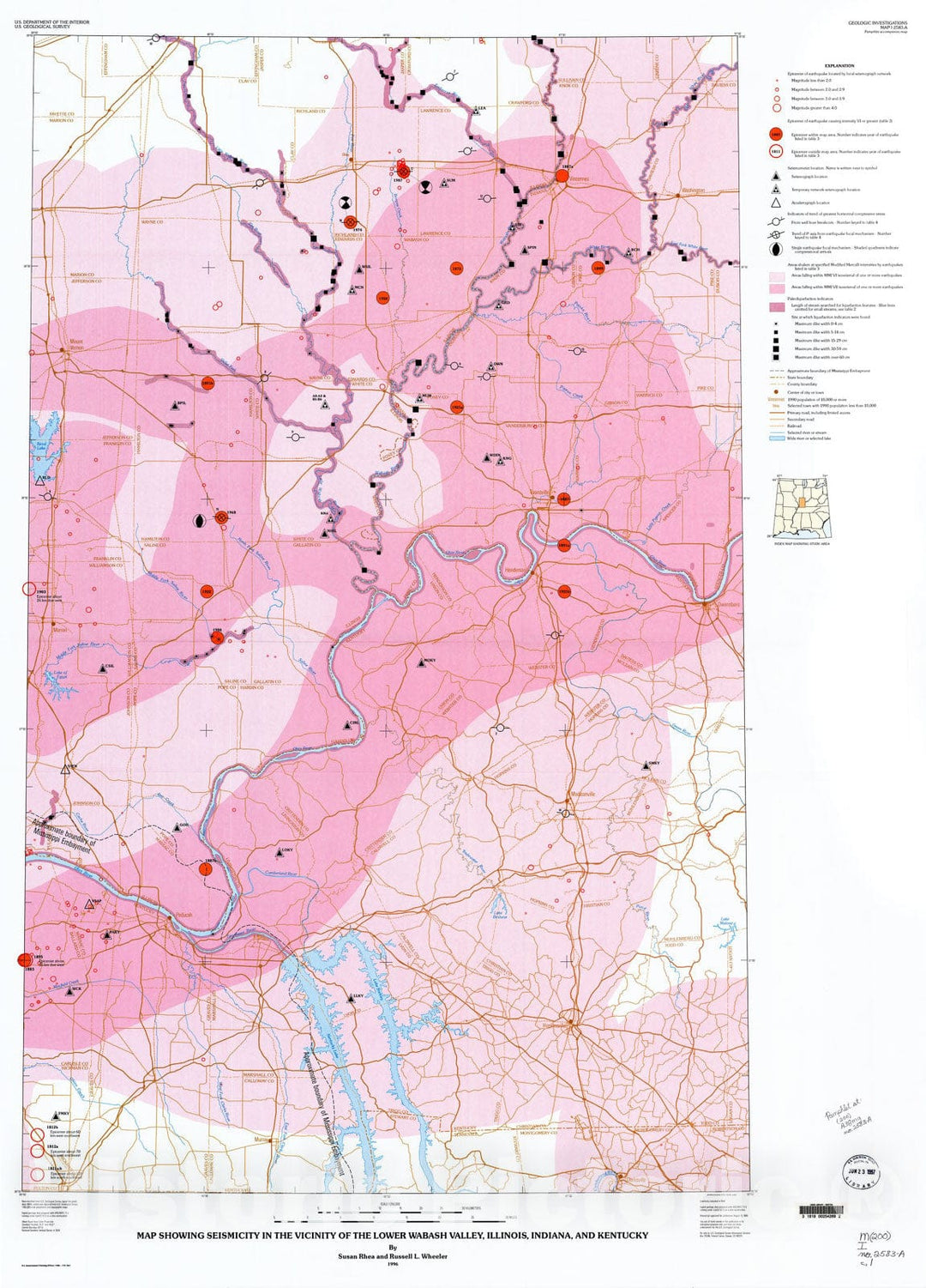 Map : Map showing seismicity in the vicinity of the lower Wabash Valley, Illinois, Indiana, and Kentucky, 1996 Cartography Wall Art :
