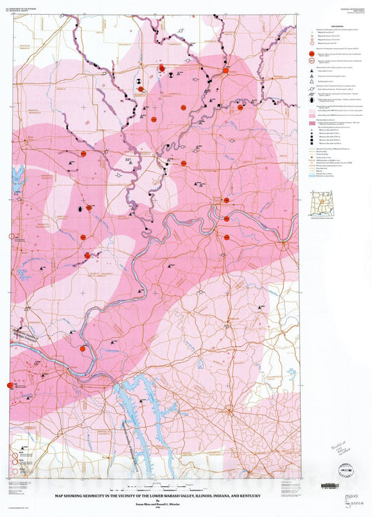 Map : Map showing seismicity in the vicinity of the lower Wabash Valley, Illinois, Indiana, and Kentucky, 1996 Cartography Wall Art :