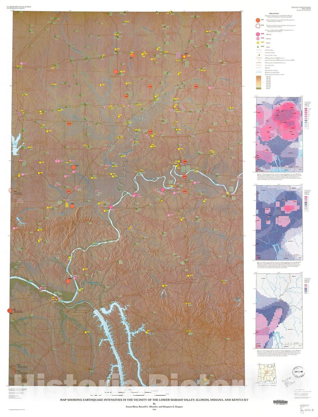 Map : Map showing earthquake intensities in the vicinity of the lower Wabash Valley, Illinois, Indiana, and Kentucky, 1996 Cartography Wall Art :