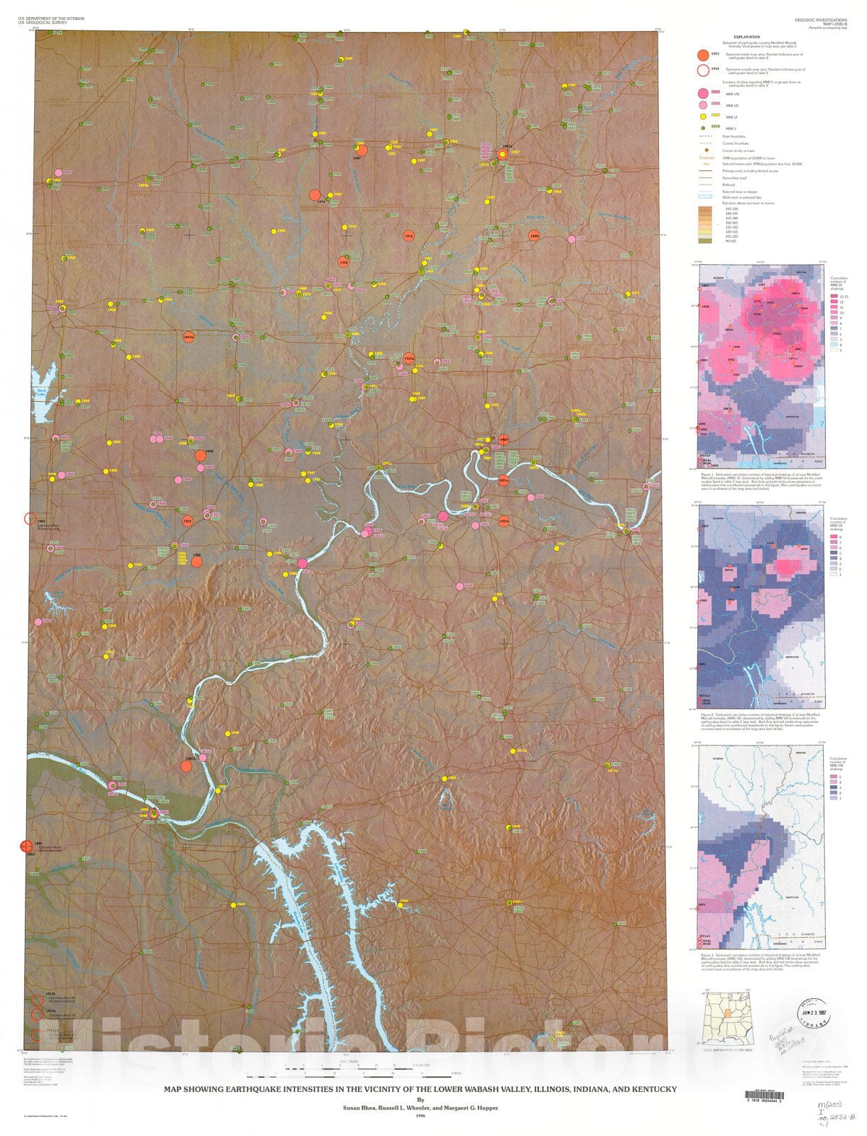 Map : Map showing earthquake intensities in the vicinity of the lower Wabash Valley, Illinois, Indiana, and Kentucky, 1996 Cartography Wall Art :