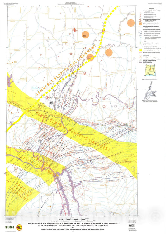 Map : Seismotectonic map showing faults, igneous rocks, and geophysical and nontectonic features in the vicinity of the lower Wabash, 1997 Cartography Wall Art :