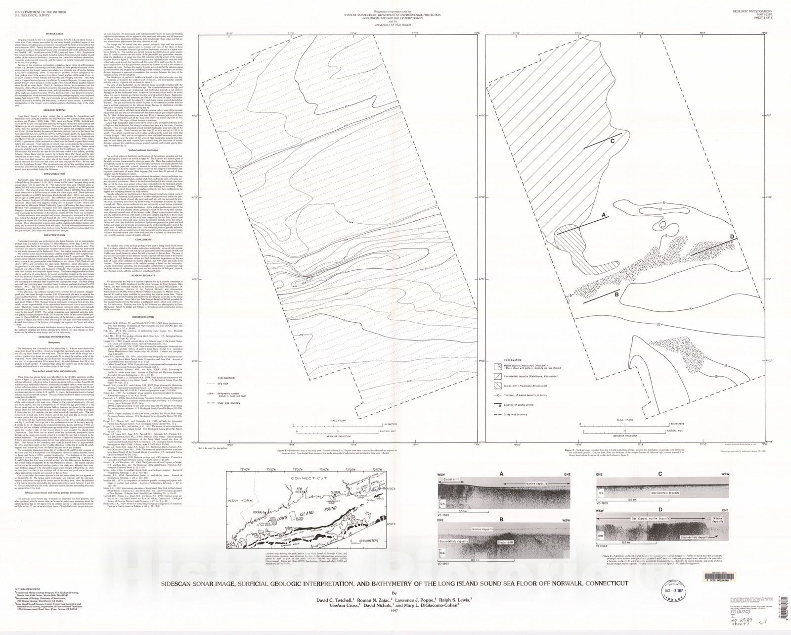 Map : Sidescan sonar image, surficial geologic interpretation, and bathymetry of the Long Island Sound sea floor off Norwalk, Connecticut, 1997 Cartography Wall Art :